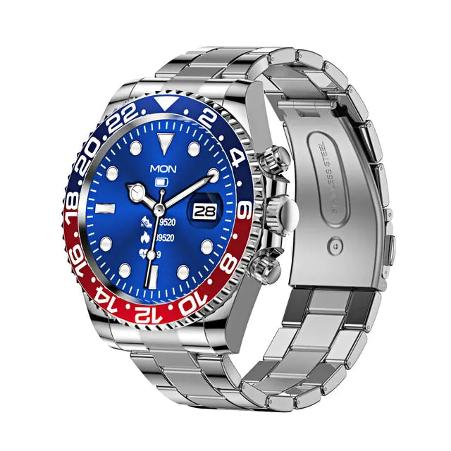 A stainless steel luxury wristwatch with a blue dial, luminous hour markers, and a red and blue bezel marked with a 24-hour scale. The watch features a date display at the 3 o’clock position, three crowns on the right side for adjustments, and a sturdy metal bracelet with a clasp. The design is sporty and elegant, resembling a GMT-style timepiece.