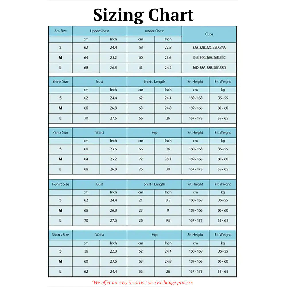 Quality Yoga Set for Women Size Chart