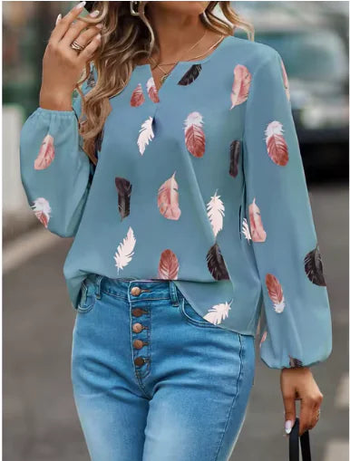Women's Long Sleeve Feather Print Blouse