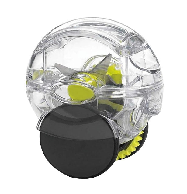 Transparent rolling garlic and ginger chopper with sharp stainless steel blades and black grip wheels, designed for effortless manual food processing.