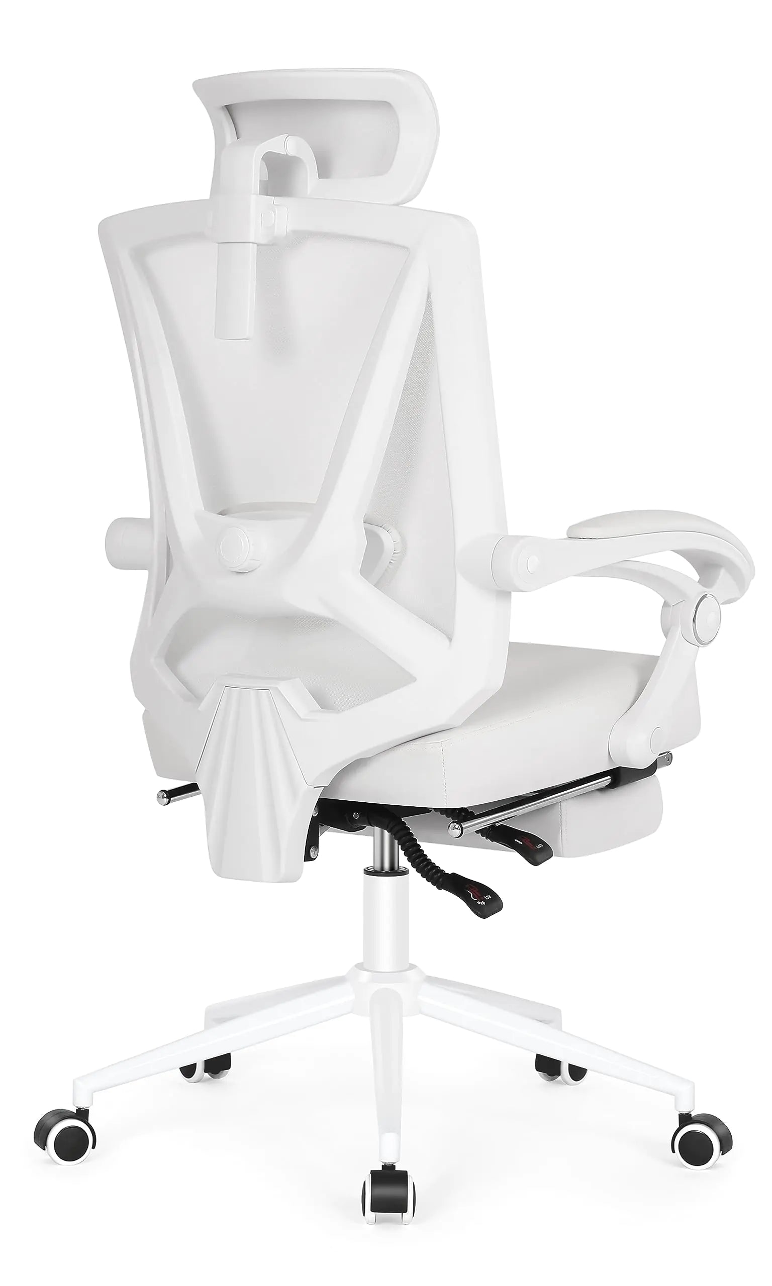 White office chair with mesh back on a white background