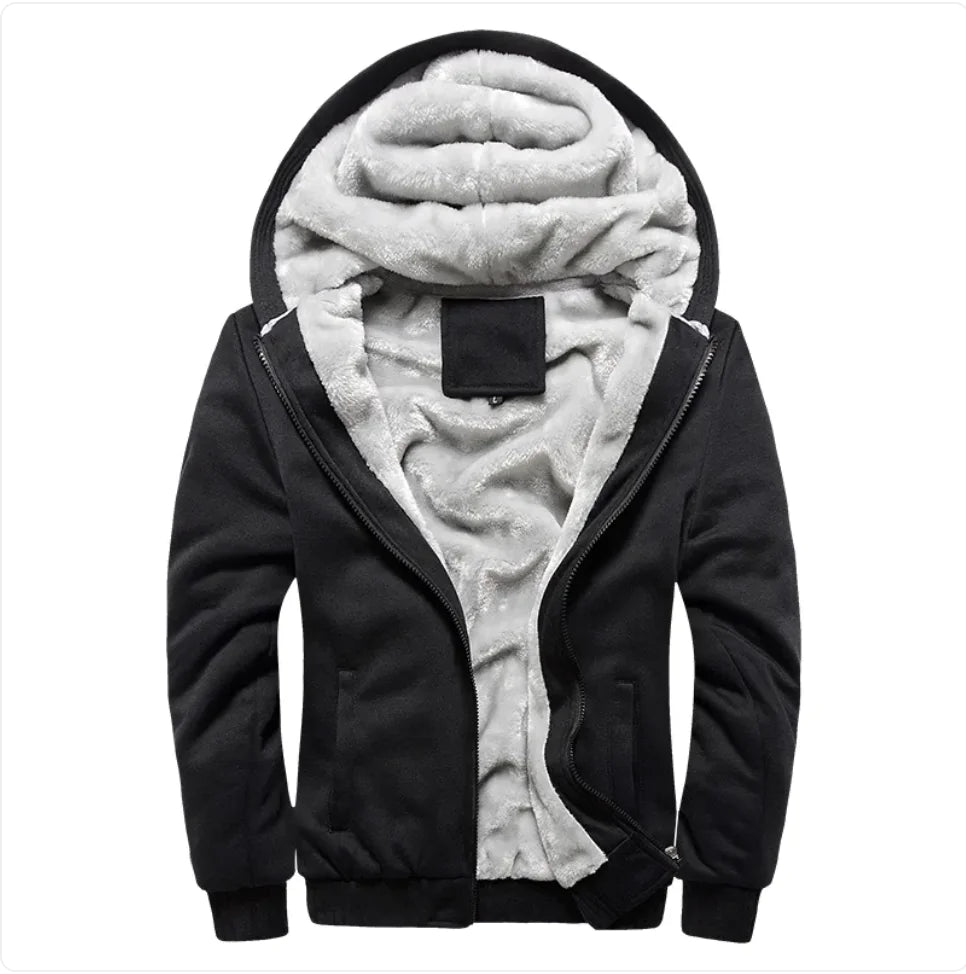 A stylish two-tone hoodie with a navy blue body and red sleeves, featuring a thick, plush gray fleece lining for warmth. The hood is large and lined with the same soft material, and the jacket includes a full-length zipper and two front pockets with red accents. Designed for cold weather comfort.