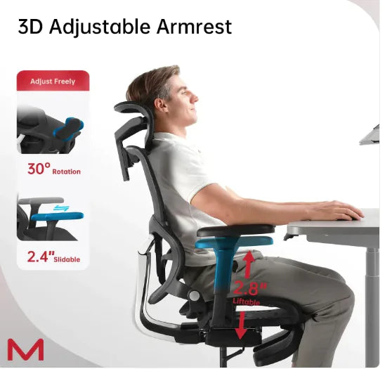 Person using a chair with 3D adjustable armrest features on a white background