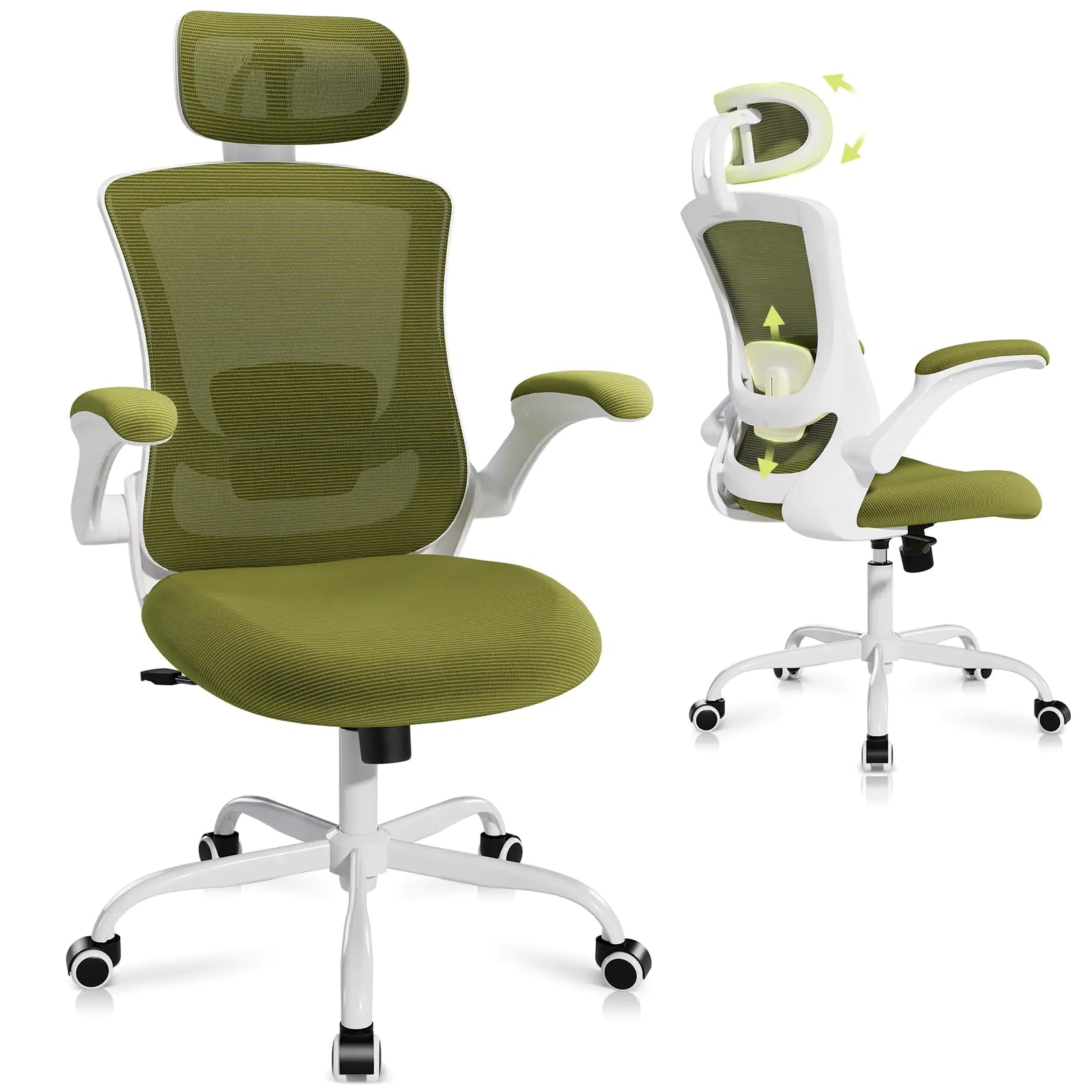 Green office chair with headrest on a white background