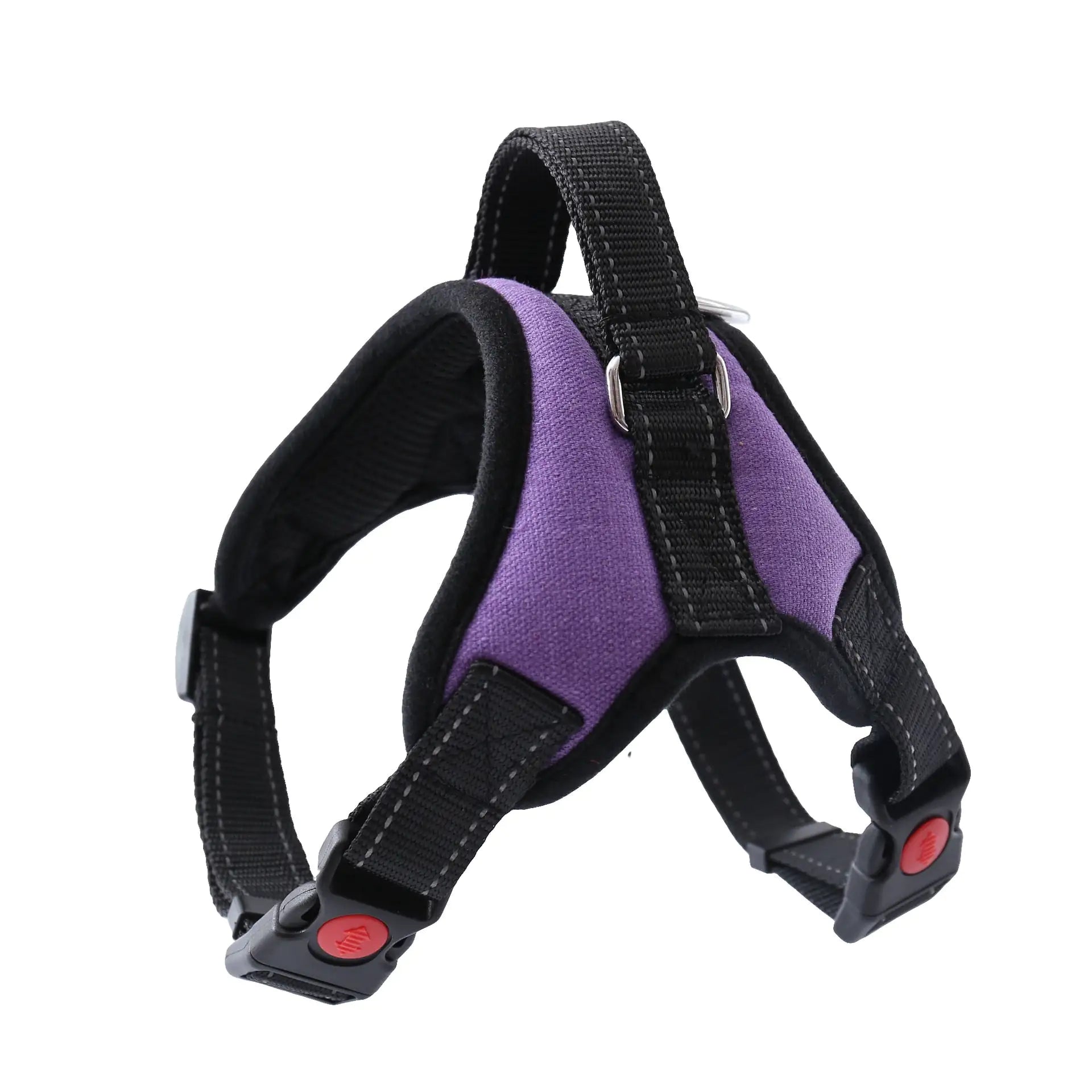 Red and black padded dog harness with adjustable straps, quick-release buckles, and a metal D-ring for leash attachment.