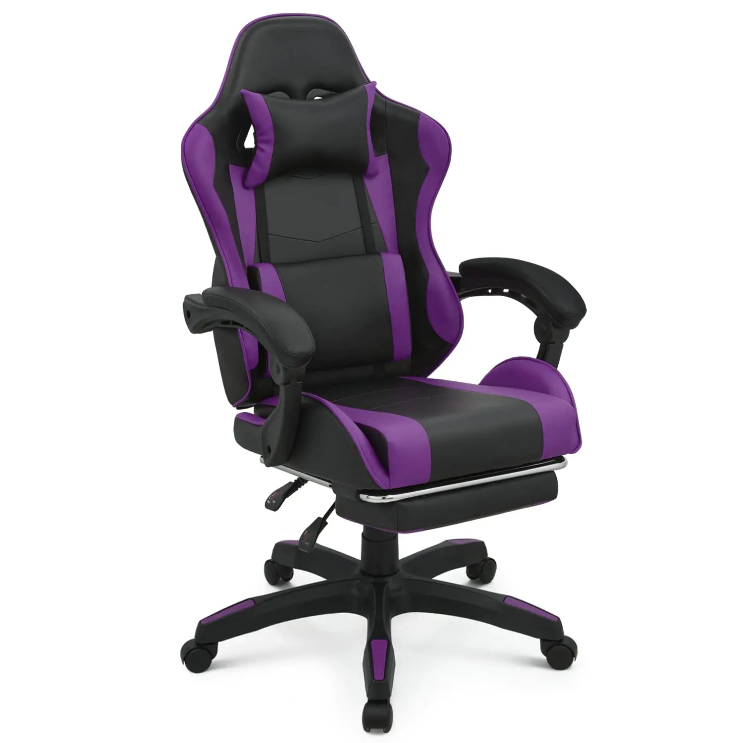 Black and purple office chair on a white background