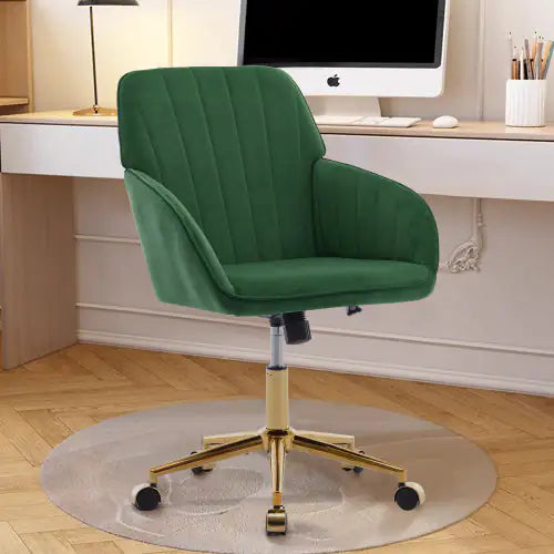 Green office chair with gold base in a home office setting