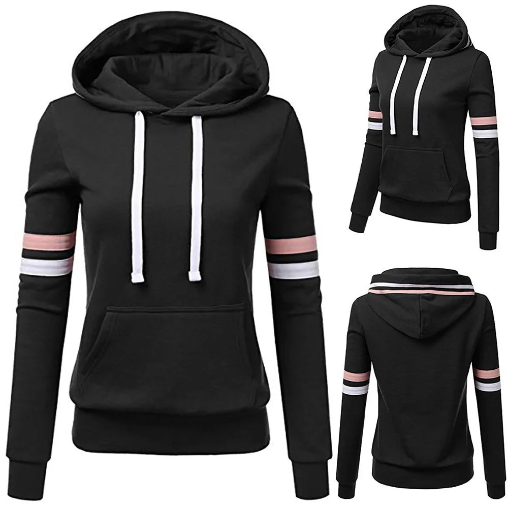Women's Striped Hooded Pocket Pullover Sweatshirt