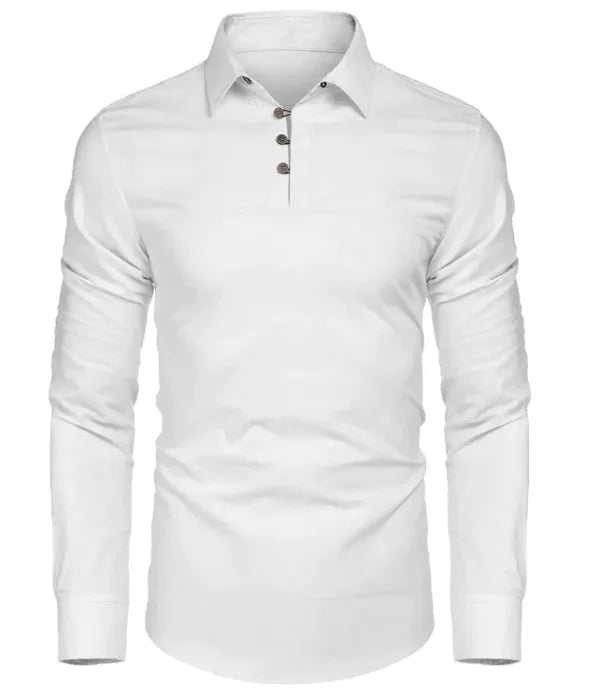 A sleek white long-sleeve polo shirt with a slim-fit design. It features a classic collar and a three-button placket with dark buttons. The fabric appears soft and slightly stretchy, making it a stylish and versatile choice for both casual and semi-formal occasions.