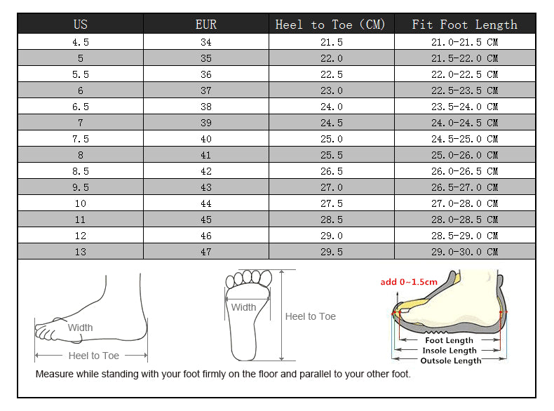 Running Exercise Gym Shoes for Men Size Chart