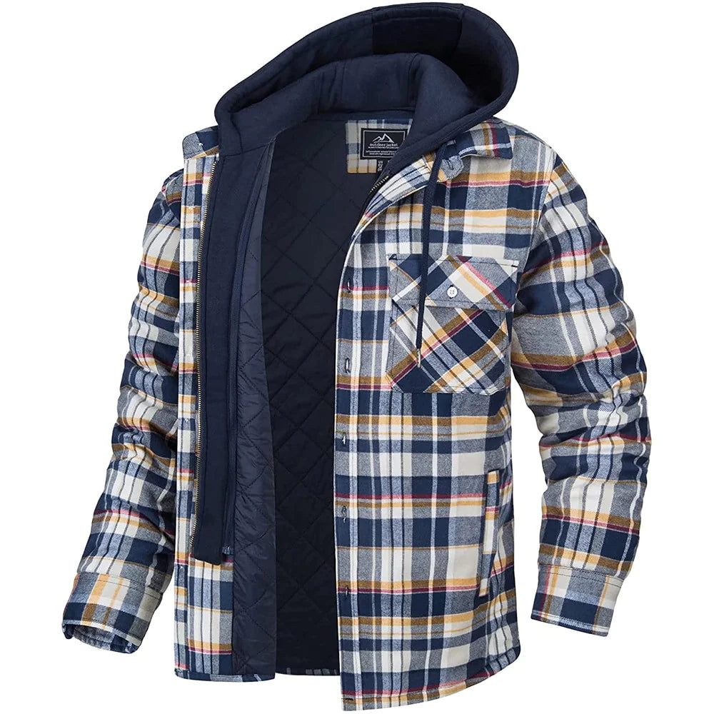 A men's blue and black plaid flannel jacket with a quilted inner lining and an attached black hood. The jacket features a button-up front with snap closures, a zippered interior, and a single chest pocket with a buttoned flap. The thick, insulated design makes it suitable for cold weather.