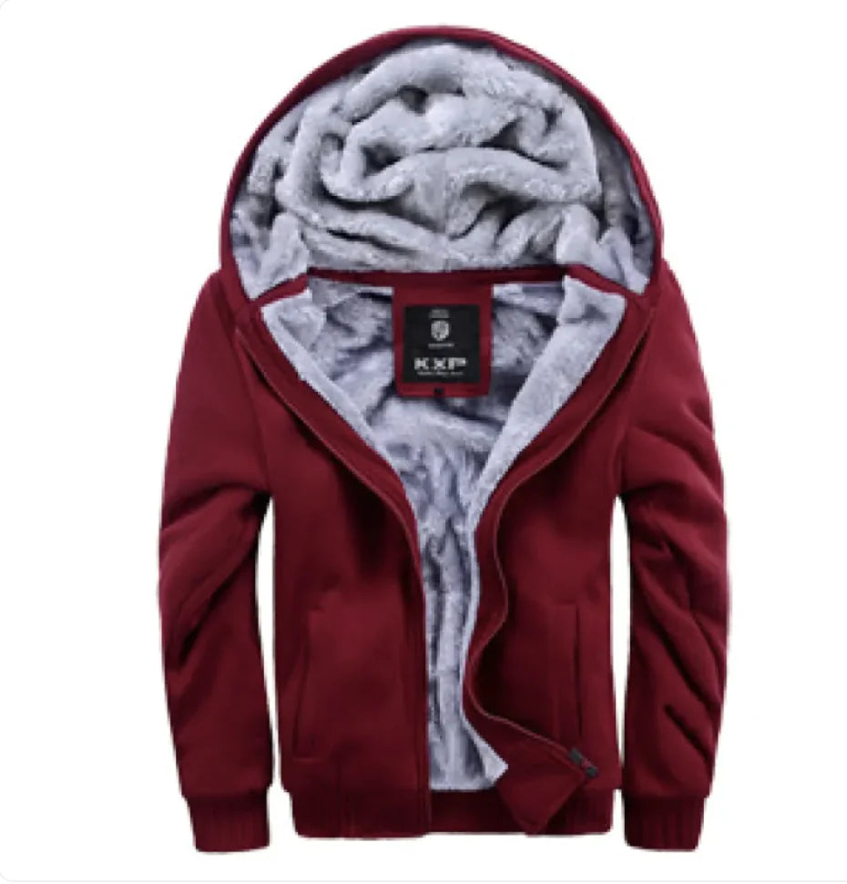 A stylish two-tone hoodie with a navy blue body and red sleeves, featuring a thick, plush gray fleece lining for warmth. The hood is large and lined with the same soft material, and the jacket includes a full-length zipper and two front pockets with red accents. Designed for cold weather comfort.