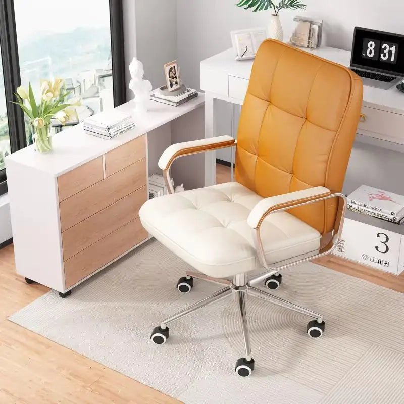 Orange office chair in a modern office setting with a desk and decor.