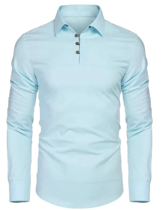 A stylish light blue long-sleeve polo shirt with a slim-fit design. It features a classic collar and a four-button placket with dark buttons. The fabric appears soft and slightly stretchy, making it an elegant choice for both casual and semi-formal occasions.