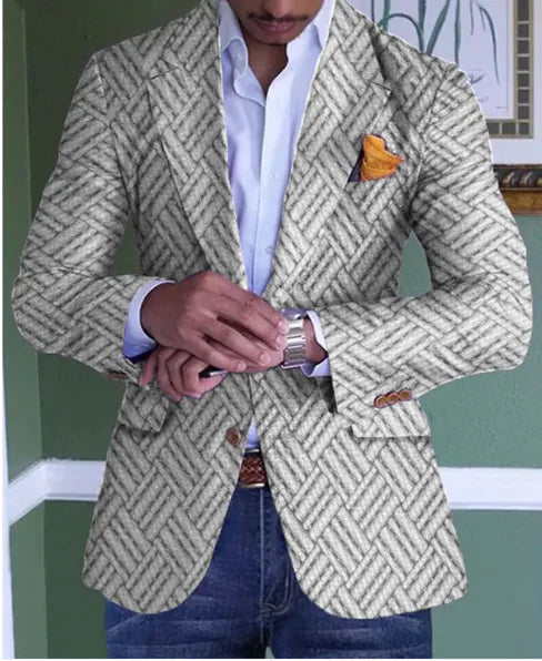A man wearing a stylish light blue plaid blazer with a subtle checkered pattern, paired with a crisp white dress shirt and dark blue jeans. A navy blue pocket square neatly tucked into the blazer’s breast pocket adds a refined touch. His relaxed yet polished stance exudes confidence, making the outfit suitable for both semi-formal and smart casual occasions.