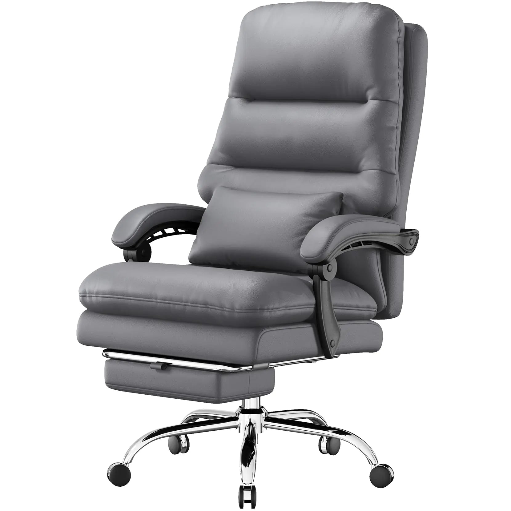 Gray recliner chair with ottoman on a white background