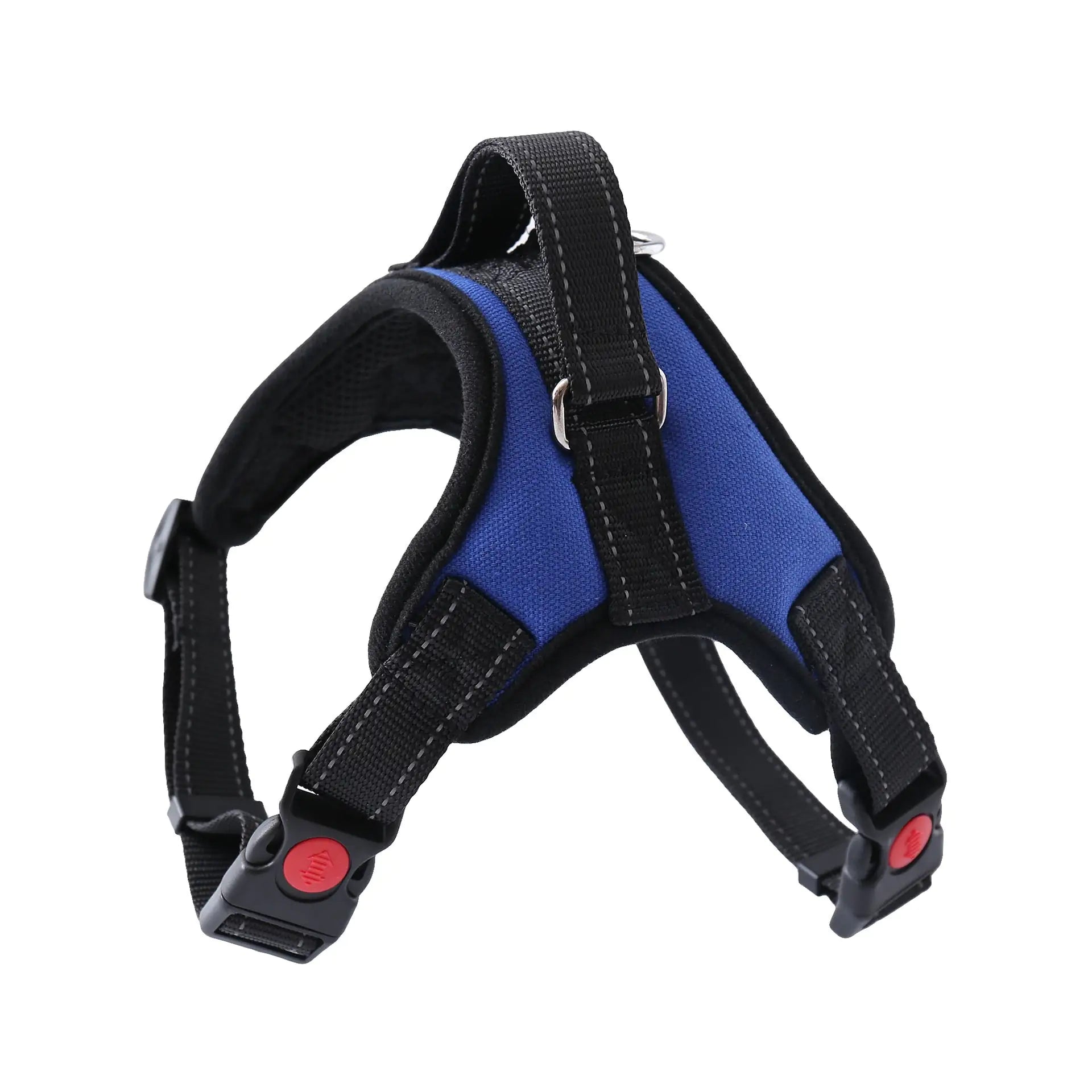 Red and black padded dog harness with adjustable straps, quick-release buckles, and a metal D-ring for leash attachment.