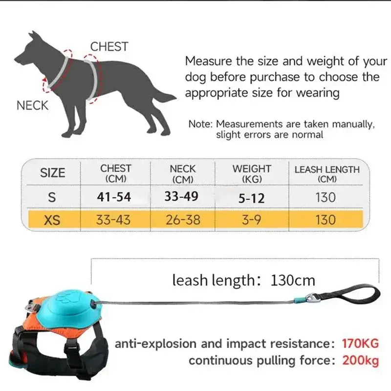 Retractable No-Pull Dog Harness Size Chart