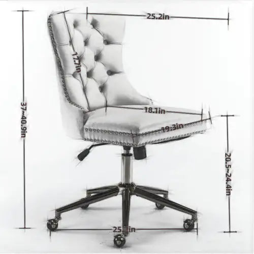 White office chair with dimensions on a white background