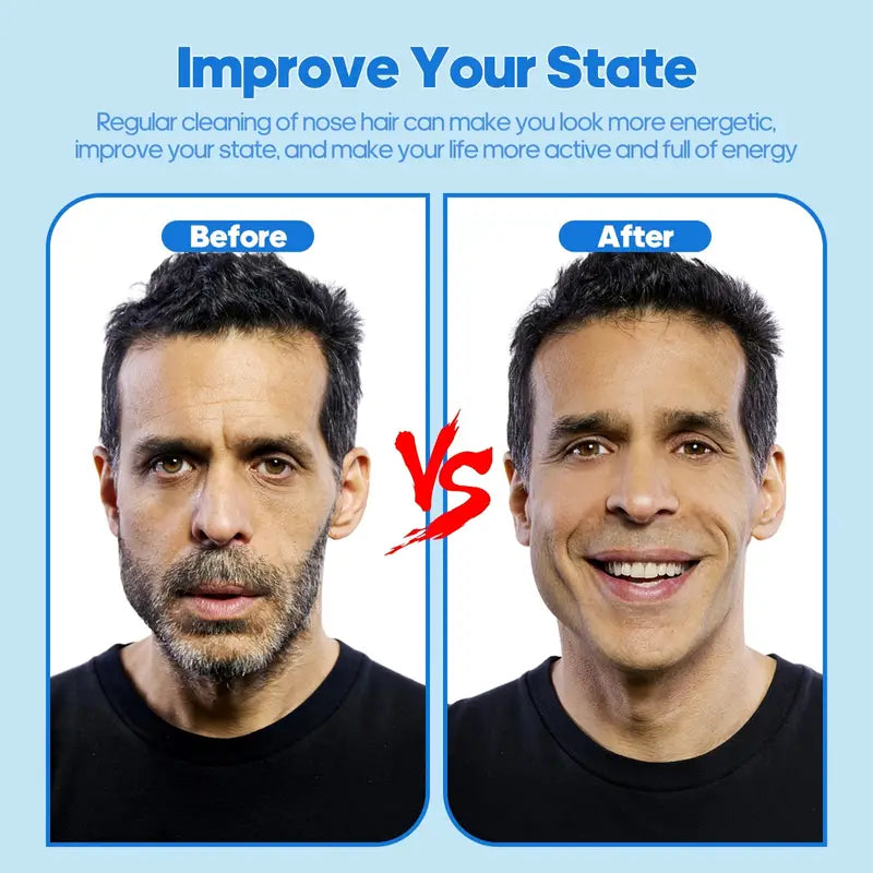 Before and after comparison of a man with text about improving state with regular nose hair cleaning.