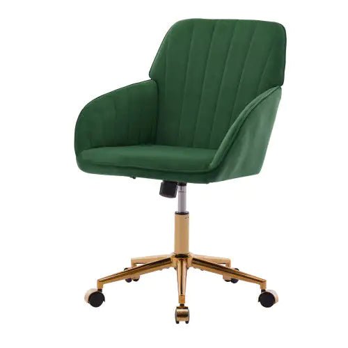 Green office chair with gold base on a white background