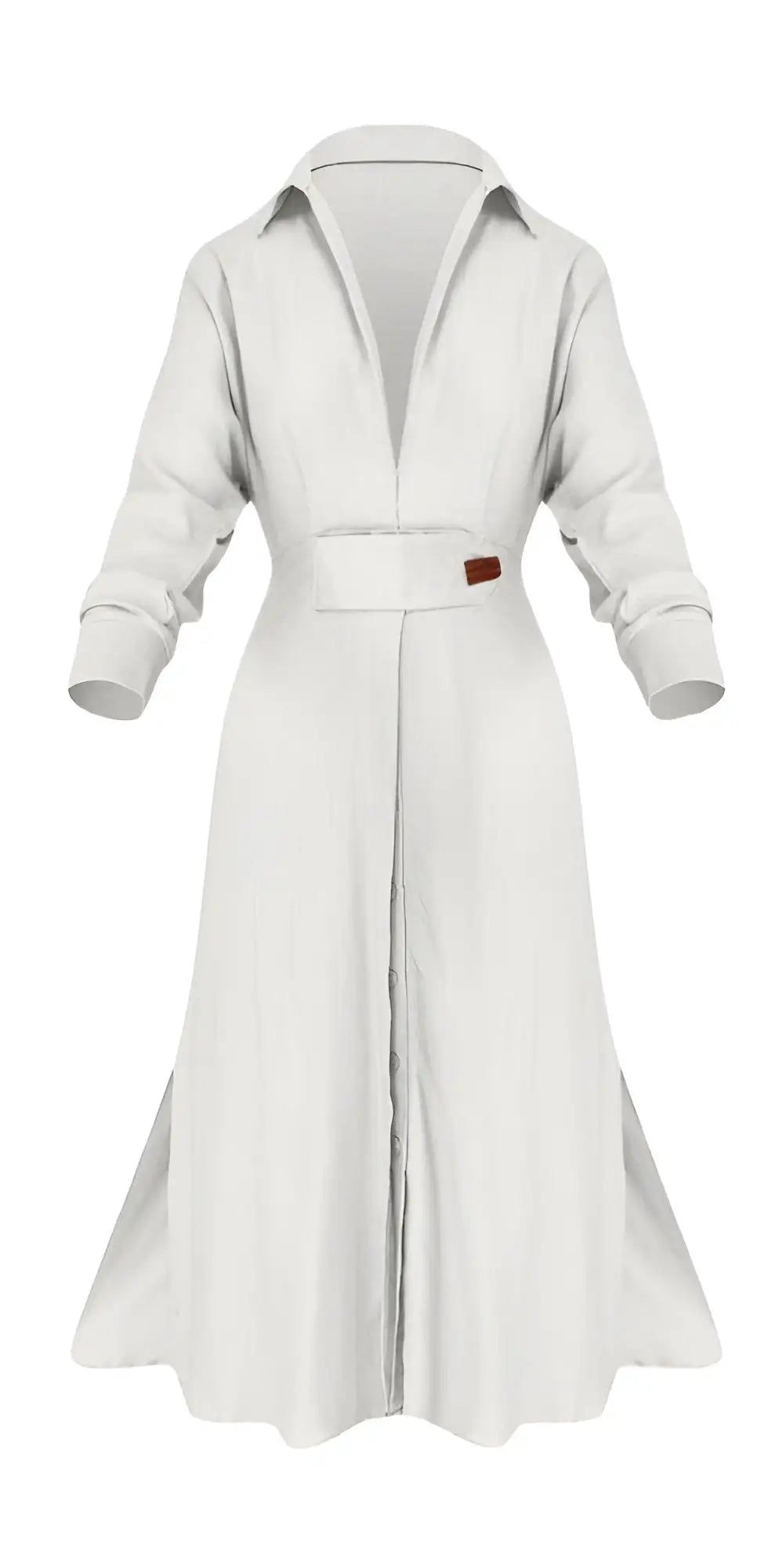 Woman wearing a loose-fitting, white midi dress with short sleeves, featuring bold red-orange floral prints accented with blue centers, paired with flat sandals.