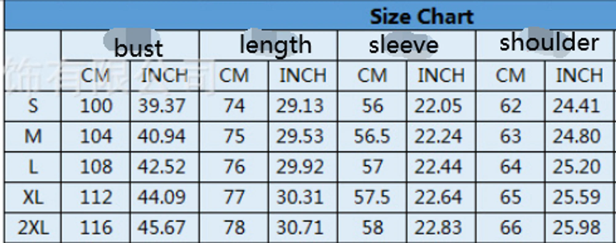 Motorsport Jacket Size Chart