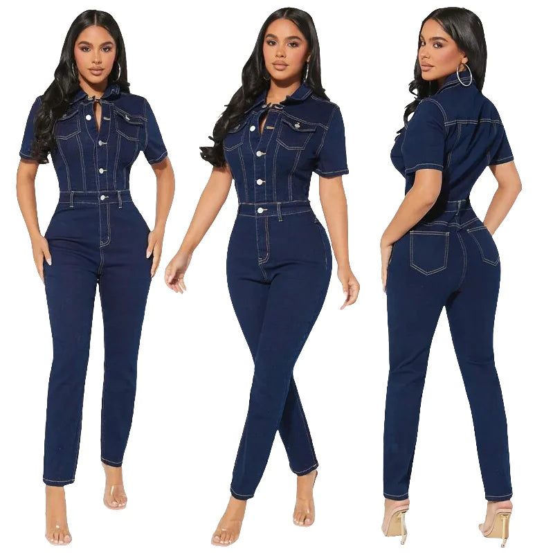 Woman modeling a form-fitting, dark blue denim jumpsuit with short sleeves, button-down front, and chest pockets, shown from front, three-quarter, and back views. She pairs the outfit with clear high-heeled sandals and a small white handbag.