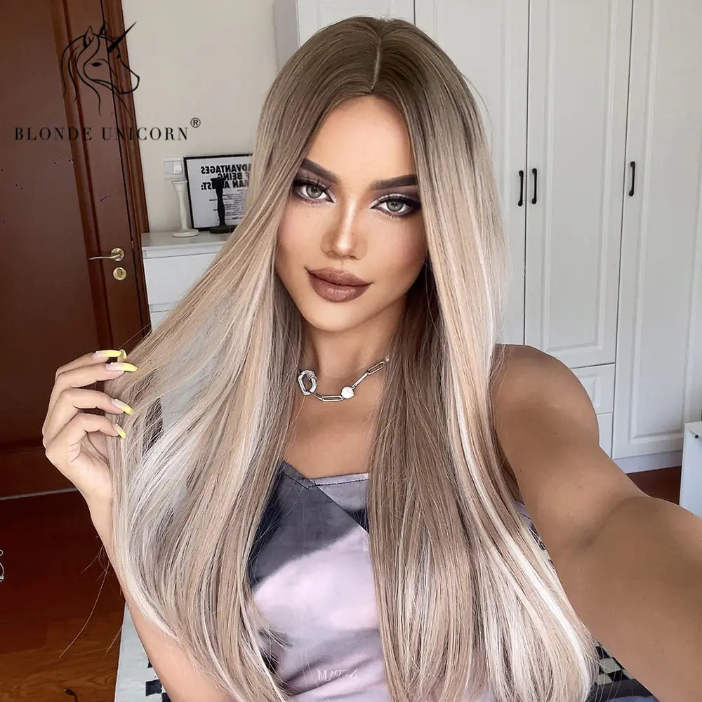 Synthetic Long Straight Brown Blonde Wig