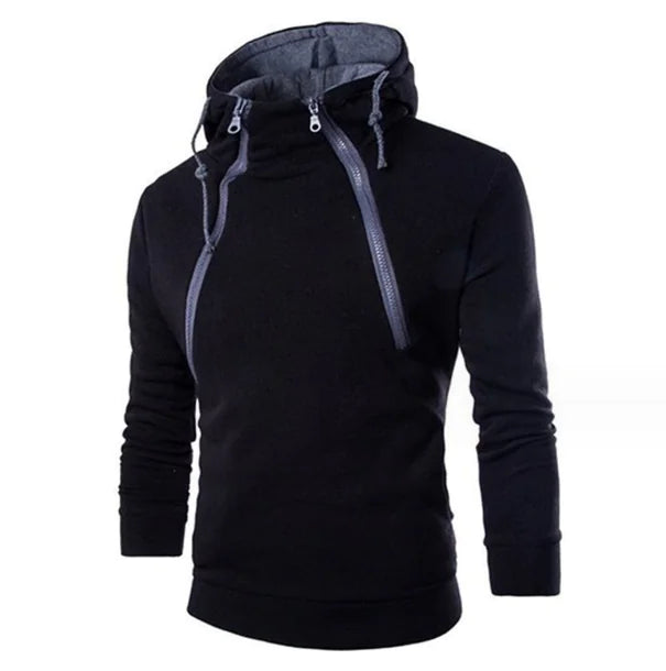 A stylish black hoodie with a high-collar design and an asymmetrical zippered front. The hoodie features a unique double zipper detail running diagonally from the chest to the neck, with adjustable drawstrings. The interior lining of the hood is gray, adding a contrasting touch to the overall sleek and modern look.