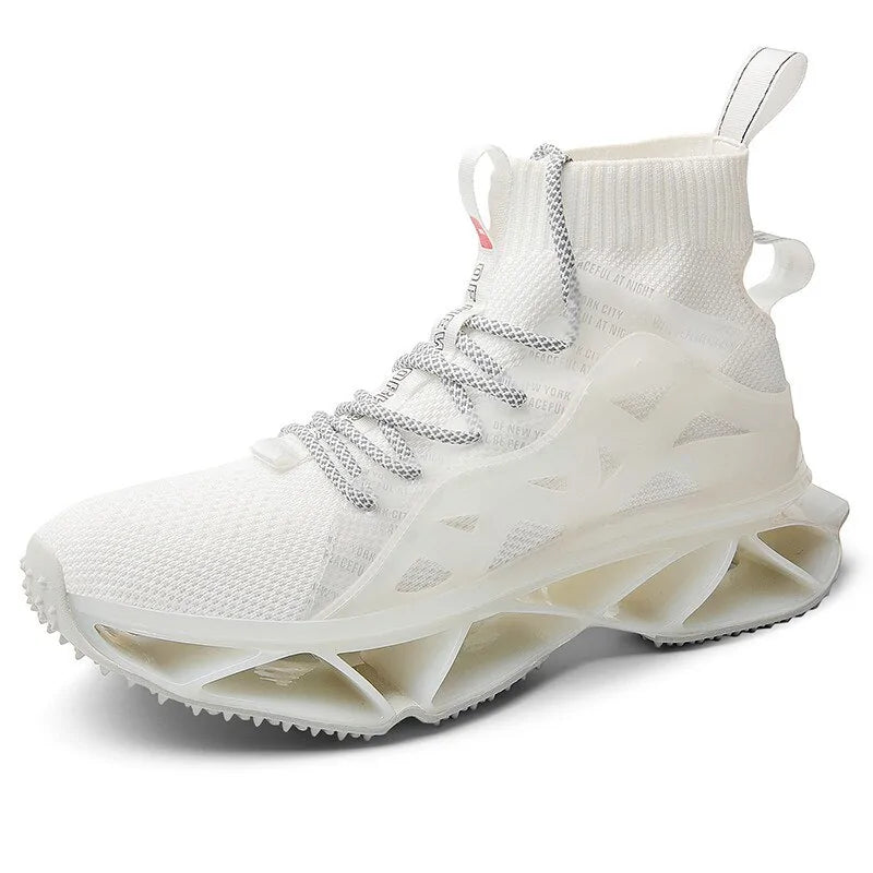 A vibrant red athletic sneaker featuring a breathable knit upper, lace-up design, and a unique, futuristic sole with hollowed cushioning pods for enhanced flexibility and support.