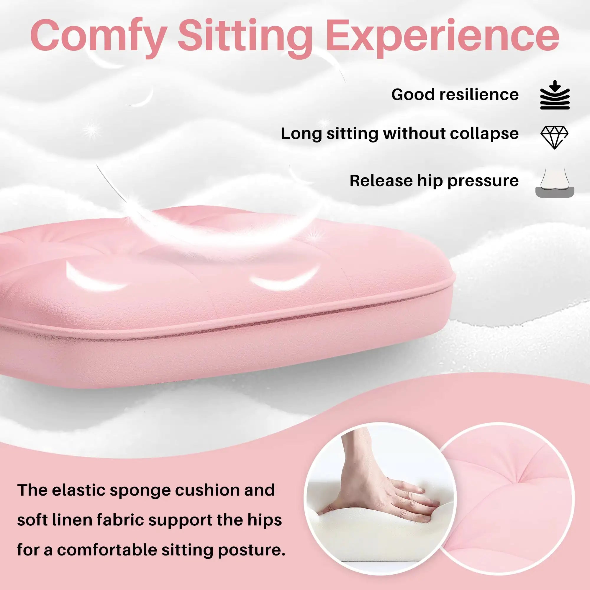 Pink cushion with text highlighting its features on a white background