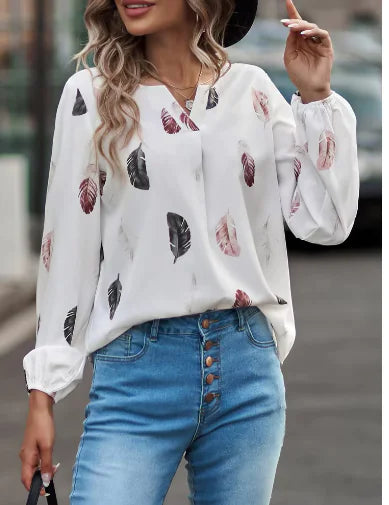 Women's Long Sleeve Feather Print Blouse