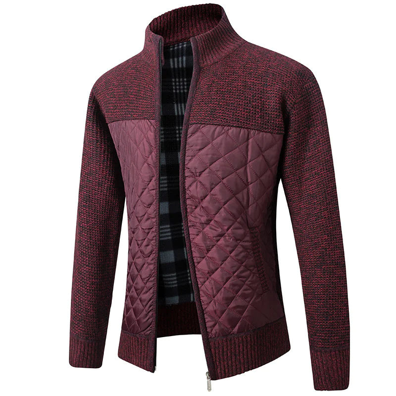 A stylish men's jacket with a combination of quilted and knitted fabric in a deep burgundy color. The upper part, sleeves, and collar feature a textured knit pattern, while the lower front and back panels have a quilted, padded design. The jacket has a full-length zipper, a high collar, and a plaid-patterned inner lining for added warmth and style.