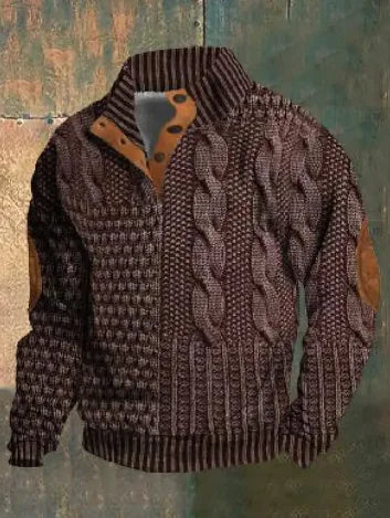 A dark brown men's pullover sweater with a textured cable knit pattern on the front. The sweater features a high ribbed collar with tan brown buttoned detailing, ribbed cuffs and hem, and matching tan elbow patches. The background consists of distressed, multicolored metal panels.