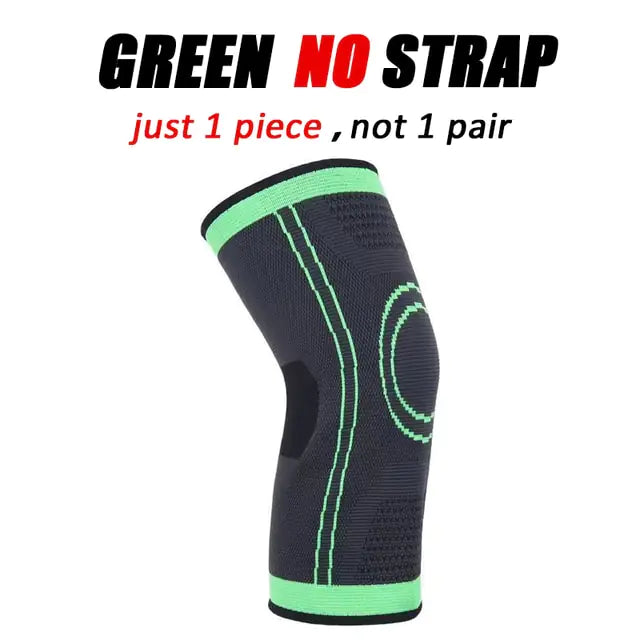 A black knee compression sleeve without straps, featuring a textured and contoured design for joint support. The image includes bold text that reads: "BLACK NO STRAP" in black and red, and underneath in red and black text: "just 1 piece, not 1 pair