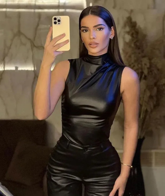 Women's Waist Slant Sleeveless Leather Top