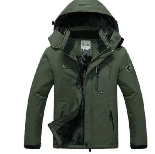 A outdoor jacket with a hood, multiple zippered pockets, and a logo on the chest and sleeve. The jacket appears to be designed for cold or wet weather, with a waterproof or windproof material.