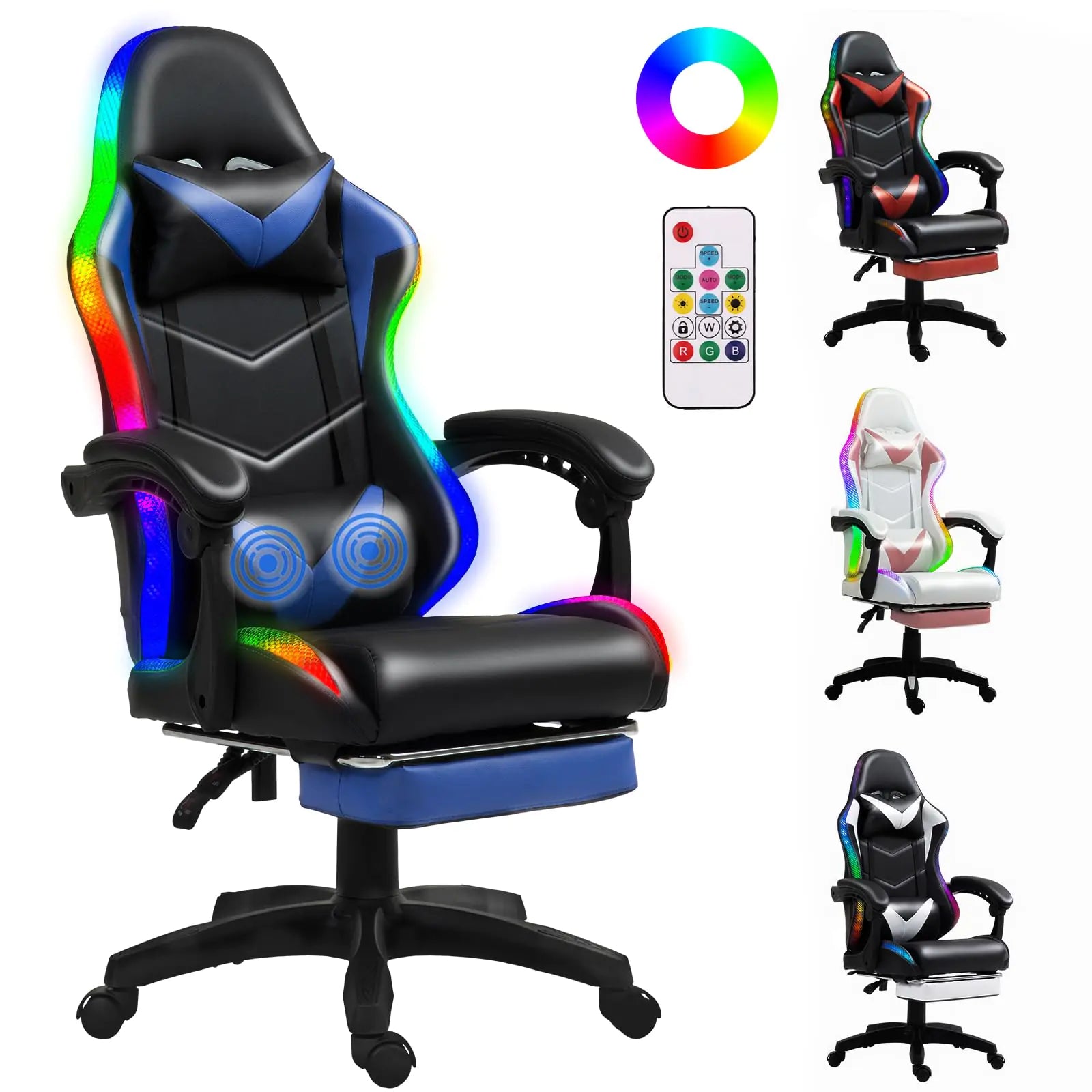 Gaming chair with RGB lighting and remote control, surrounded by other gaming chairs on a white background.
