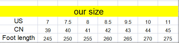 Men's PU Insole Trainers Sneakers Size Chart