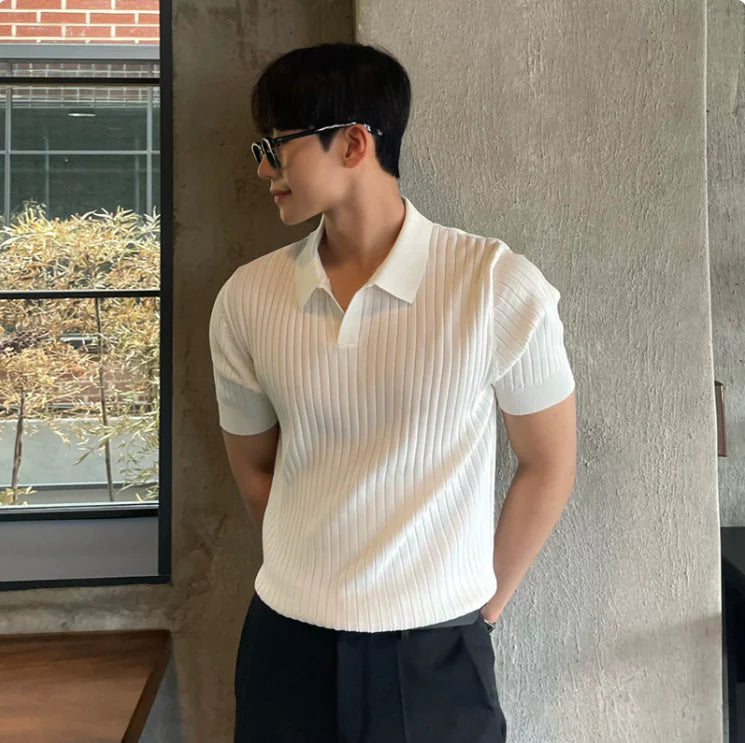 Fitted Striped Knit Polo Shirt