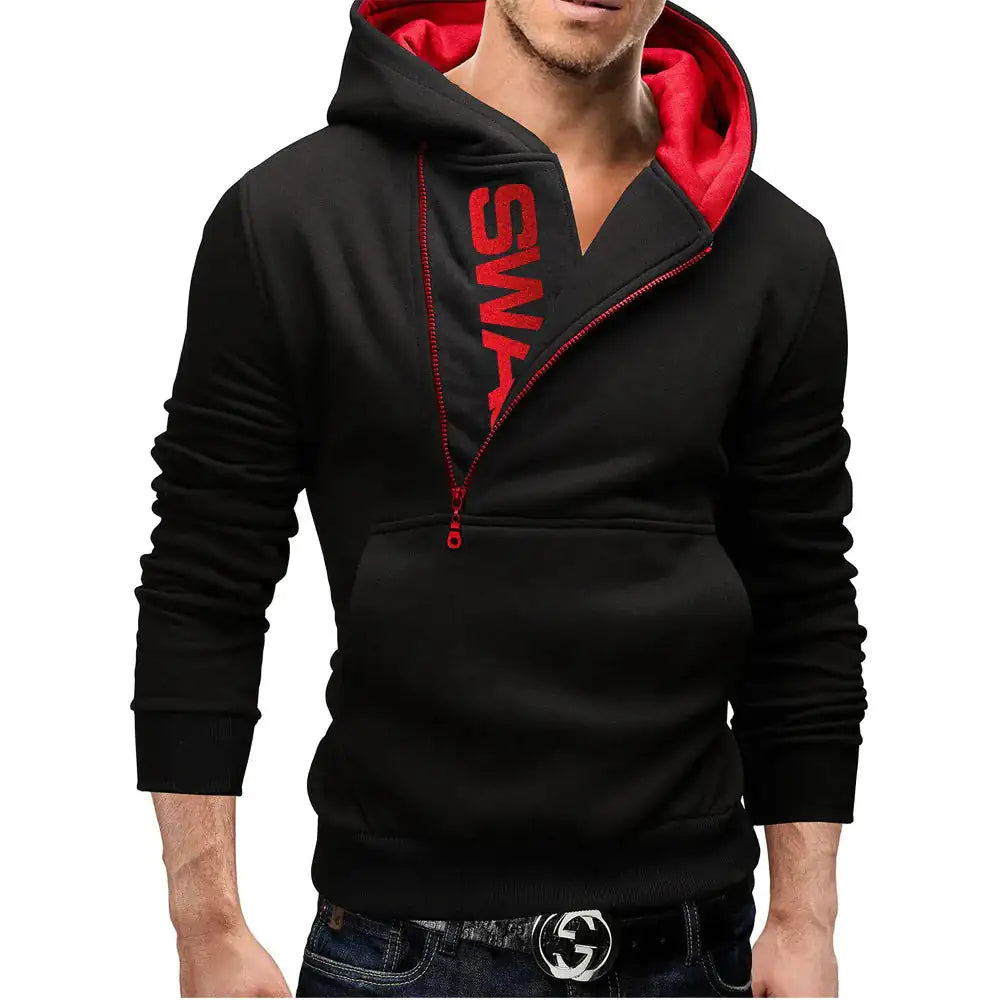 A stylish black hoodie with a high-collar design and an asymmetrical zippered front. The hoodie features a unique double zipper detail running diagonally from the chest to the neck, with adjustable drawstrings. The interior lining of the hood is gray, adding a contrasting touch to the overall sleek and modern look.