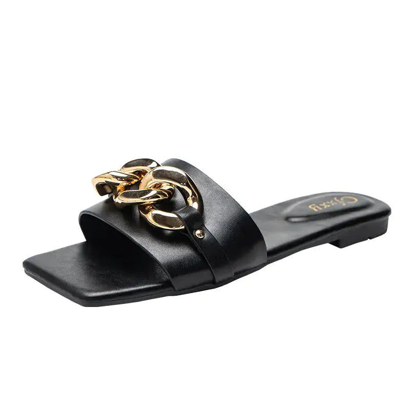 Chain Round Buckle Flip Flops