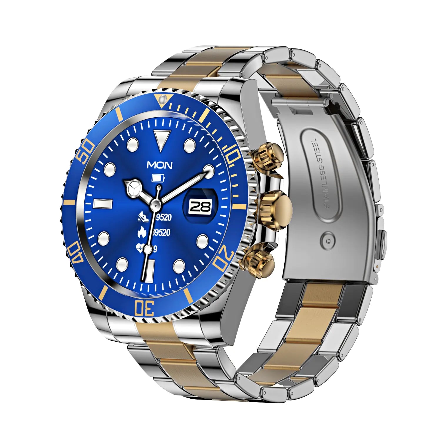 Luxury men's stainless steel wristwatch with a blue dial, gold accents, and a chronograph display. Features a date window, luminous hands, and a durable two-tone metal bracelet.