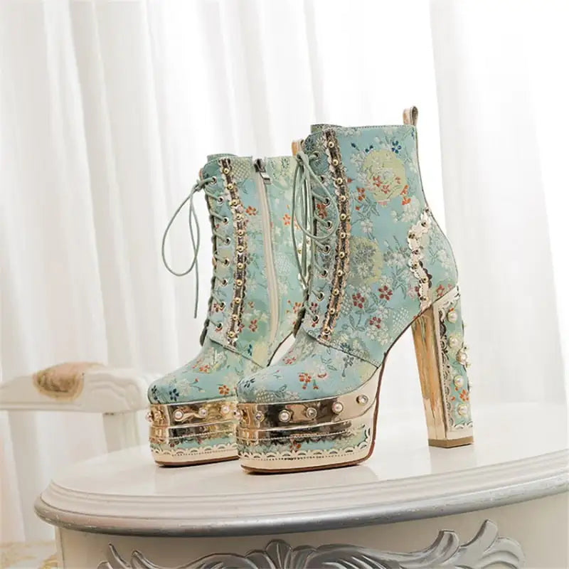 Floral Pattern Platform Ankle Boots