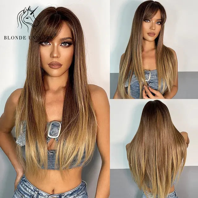 Synthetic Brown and Blonde Long Straight Wig
