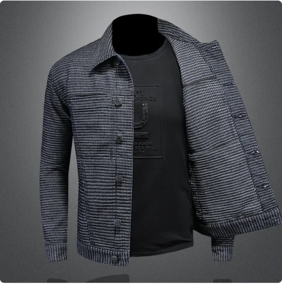 photo of mens grey jacket worn over a black t-shirt