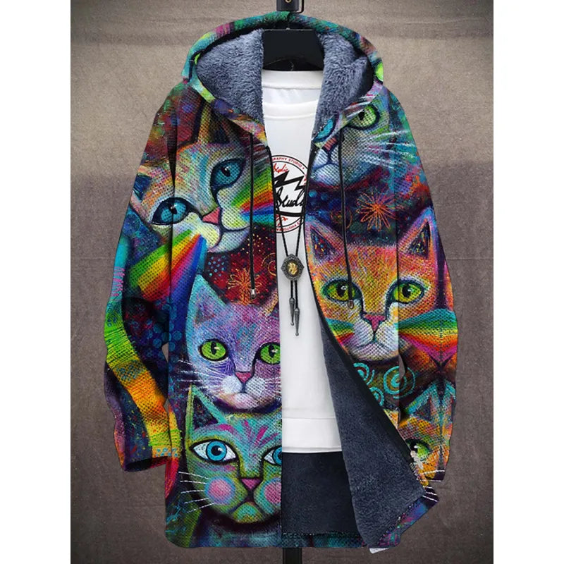 A vibrant and artistic hoodie featuring a multicolored cat design. The hoodie is fleece-lined with a deep blue interior, and the exterior is covered in a psychedelic, neon-inspired pattern of cats with striking green and blue eyes. The mix of colors, including blues, purples, greens, oranges, and yellows, creates a mesmerizing and abstract aesthetic.