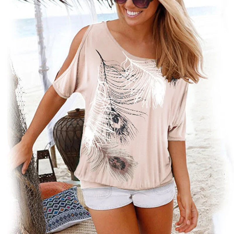 Chic and Breezy Feather Print Open-Shoulder Tee