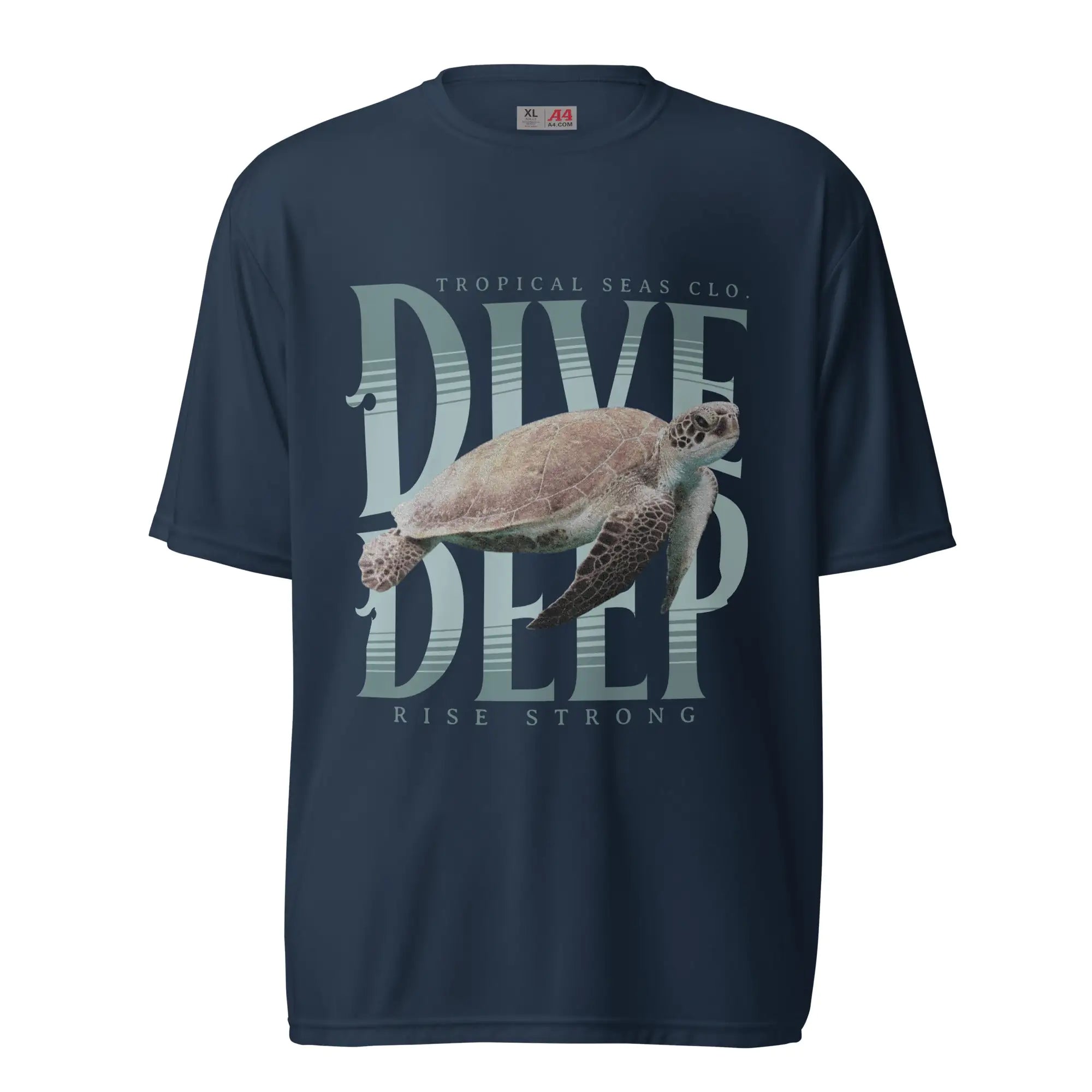 This t-shirt has a cool and relaxed ocean-inspired design. It's navy blue and features a sea turtle swimming over the bold text “DIVE DEEP” in large, stylized letters. Above the main text, it says “TROPICAL SEAS CLO.” and beneath it reads “RISE STRONG.” The overall vibe is motivational and adventurous, perfect for someone into the ocean, nature, or just chill beach aesthetics. Great for casual or summer wear.